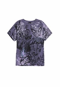 Purple short-sleeve T-shirt featuring black comic-style Spider-Man graphics, dynamic poses, and bold text: "WAP!" and "SPIDER." Textured design.