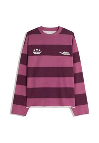 Long-sleeve striped sweatshirt featuring alternating dark and light purple bands, with white text and three stars on the left chest.
