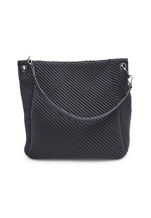 Black woven handbag with a textured surface, featuring a thin strap and silver hardware. Rectangular shape with a flat bottom.