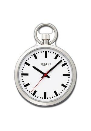 Zilveren zakhorloge met een ronde vorm. Witte wijzerplaat met zwarte uurmarkeringen, zwarte en rode wijzers, en de tekst "REGENT" bovenaan.