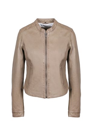 Taupe leather jacket with front zipper, round collar, long sleeves, and two side pockets, displayed on white background.