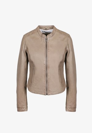 Taupekleurig leren jack met voorrits, ronde kraag, lange mouwen en twee zijzakken, afgebeeld op een witte achtergrond.