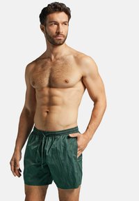 Shorts de bain légers verts avec une taille élastique et un cordon de serrage. Présente une coupe décontractée et des poches latérales. Texture lisse.