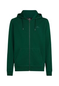 Felpa con zip di colore verde scuro, realizzata in tessuto morbido, presenta una tasca frontale, cordini regolabili e un logo discreto sul petto.