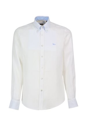 Weißes langärmliges Hemd mit Knopfleiste, Button-Down-Kragen und kleinem blauem Hundelogo auf der linken Brust.