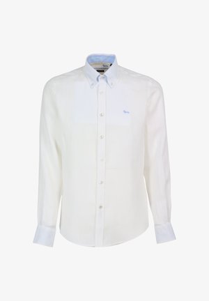 Weißes langärmliges Hemd mit Knopfleiste, Button-Down-Kragen und kleinem blauem Hundelogo auf der linken Brust.