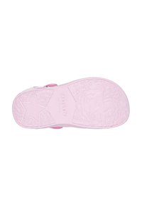 Suela de zapatilla de goma rosa con estrellas en relieve y un diseño de unicornio, que presenta áreas texturizadas y un logo elevado que dice "Skechers" en el centro.