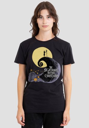 Black cotton t-shirt featuring a graphic from "The Nightmare Before Christmas," depicting a spiral hill, moon, and pumpkins in vibrant colors.