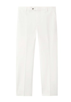 Pantalon blanc droit avec passants pour ceinture et fermeture par bouton, présenté sur un fond uni.
