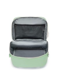 Borsa cosmetica verde menta con zip, dotata di un esterno liscio, interno in nylon grigio, tasca in rete e divisorio piano.