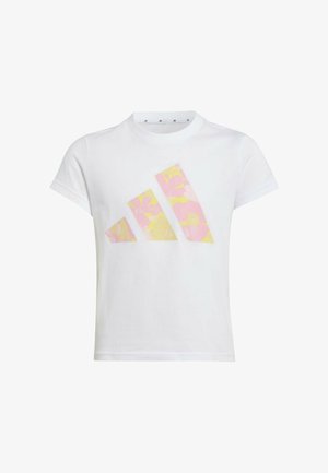 T-shirt bianco a maniche corte con un grande logo Adidas a motivo floreale rosa e giallo sul davanti. Collo rotondo, tessuto morbido.
