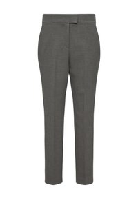 Grau maßgeschneiderte Hose mit glatter Textur, geradem Schnitt und flachem Bund. Mit Gürtelschlaufen und vorderen Taschen.