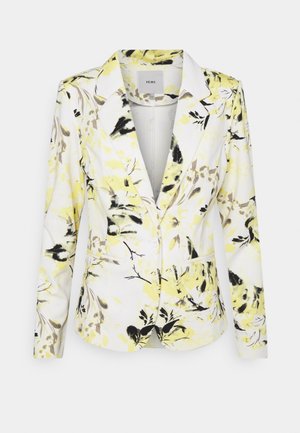 Witte blazer met gele en zwarte bloemenpatronen, kraag met inkeping, lange mouwen en een enkele knoopsluiting aan de voorkant.