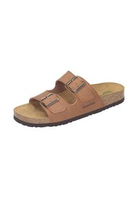Sandal in pelle marrone con due fibbie regolabili, soletta in sughero e suola in gomma. Presenta una texture liscia e un design minimalista.