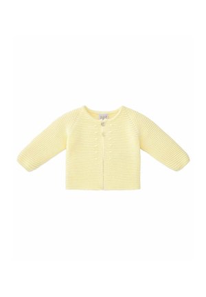 Cardigan bébé tricoté jaune doux avec manches longues, encolure ronde et deux petits boutons à l'avant.
