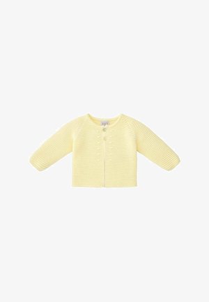 Cardigan bébé tricoté jaune doux avec manches longues, encolure ronde et deux petits boutons à l'avant.