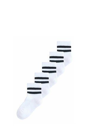 White cotton crew socks with black two-stripe accents, featuring a ribbed cuff and smooth texture. Five pairs arranged in a row.