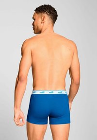 Man standing with back facing camera, wearing blue Puma boxer briefs with white waistband branded with Puma logo and name.