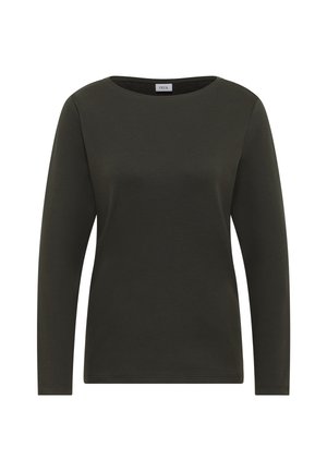 Camicia a maniche lunghe in cotone verde scuro con scollatura rotonda, caratterizzata da una trama liscia e design minimalista, senza motivi o accenti visibili.
