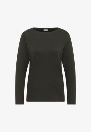 Camicia a maniche lunghe in cotone verde scuro con scollatura rotonda, caratterizzata da una trama liscia e design minimalista, senza motivi o accenti visibili.