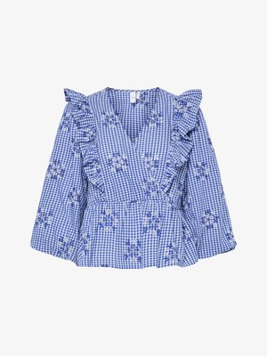 Blue gingham blouse with ruffle sleeves, floral embroidery, V-neck, and peplum waist. Cotton fabric with a checkered pattern.