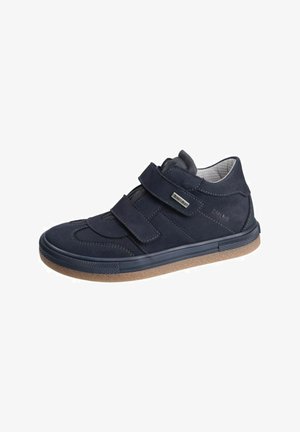 Navy blue casual sneaker with two adjustable Velcro straps, cushioned collar, textured gum sole, and soft fabric lining inside.