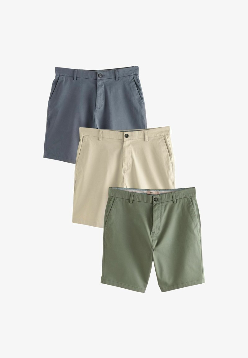 Three pairs of men's casual shorts in blue, beige, and green, each with belt loops, front pockets, and button closures.