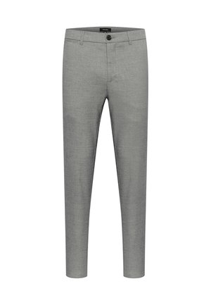 Pantalon gris sur mesure avec une texture lisse, coupe ajustée, taille standard, fermeture par un seul bouton, et design minimaliste.