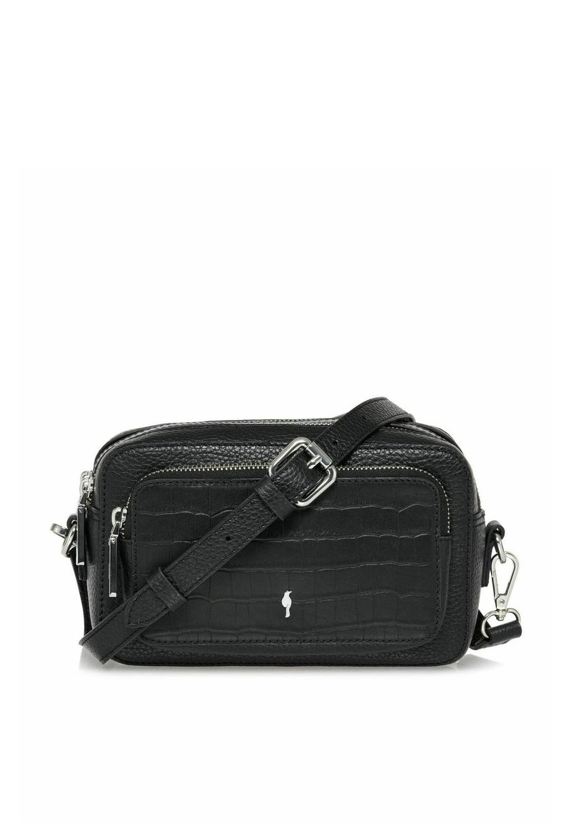 Czarna torebka na ramię wykonana z teksturowanej sztucznej skóry z wzorem krokodyla, z metalowymi elementami w kolorze srebrnym i odpinanym, regulowanym paskiem.
