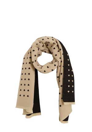 Bufanda beige y negra con patrones de corazones, de superficie texturada y acabada con bordes flecos y un lado oscuro contrastante.