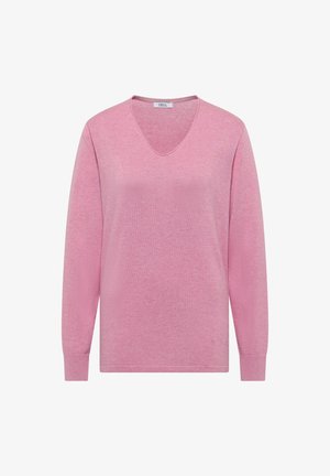 Langärmliger, pinkfarbener V-Ausschnitt-Pullover mit gerippten Bündchen, weichem Strickstoff und einem kleinen weißen Etikett im Kragen.