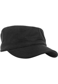 Casquette militaire en coton noir avec un large bord plat et une couronne structurée. Dotée de détails cousus et d'une texture lisse.