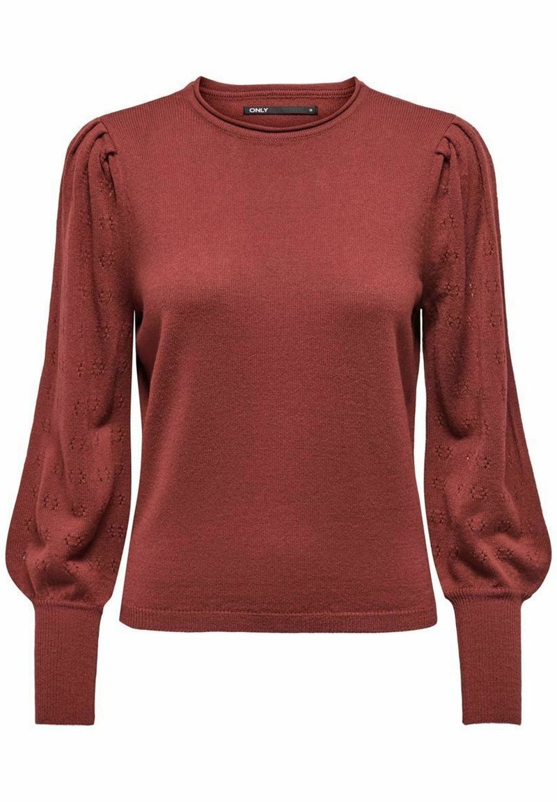 Pull en maille couleur rouille avec des manches longues bouffantes arborant de subtils motifs floraux tricotés et des bord-côtes aux poignets et à l’ourlet.