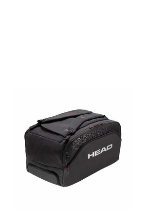 Borsa sportiva nera con logo "HEAD", più scomparti con cerniera, spallacci imbottiti e pannello laterale con motivo discreto.