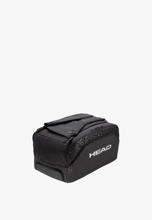 Schwarze Sporttasche mit "HEAD"-Logo, mehreren Reißverschlussfächern, gepolsterten Schultergurten und dezent gemustertem Seitenpaneel.