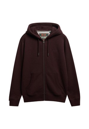 Bordeaux zip-up hoodie lavet af blødt stof. Har en frontlynlås, to sidelommer, hætte med snoretræk og et lille logo på brystet.