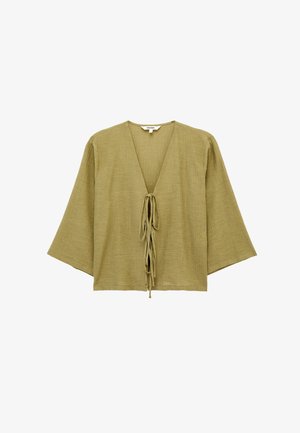 Hellolivgrüne, strukturierte Bluse mit weiten dreiviertellangen Ärmeln und vorderen Bändern, die einen tiefen V-Ausschnitt schließen.