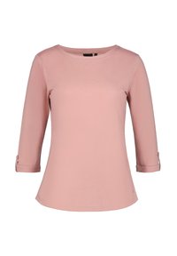 Rosa Damenoberteil mit Dreiviertelärmeln. Weiches Baumwollmaterial, runder Halsausschnitt und Rolltab-Akzente an den Ärmeln. Glatte Textur.