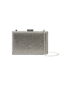 Clutch-Tasche mit rechteckiger Form, silberner Textur-Oberfläche, metallischem Rahmen und abnehmbarem Kettenriemen. Akzentuiert mit kleinen schimmernden Details.