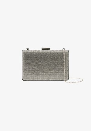 Clutch tas met een rechthoekige vorm, zilveren gestructureerd oppervlak, metalen frame en een afneembare kettingband. Verfraaid met kleine schitterende details.