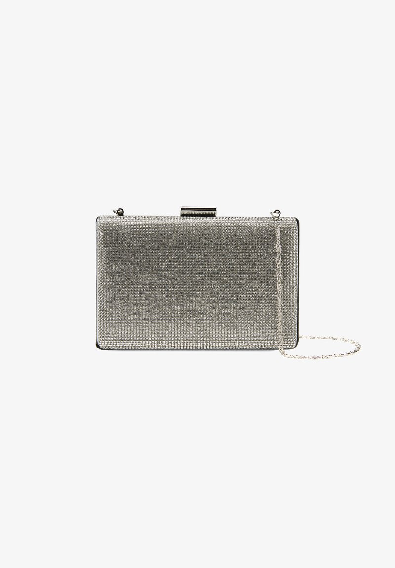 Clutch-Tasche mit rechteckiger Form, silberner Textur-Oberfläche, metallischem Rahmen und abnehmbarem Kettenriemen. Akzentuiert mit kleinen schimmernden Details.