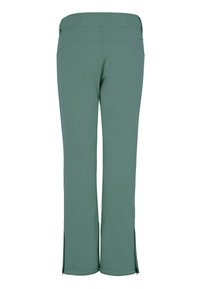 Pantalon vert à jambes droites vu de dos avec des ouvertures zippées aux ourlets des chevilles et des passants de ceinture à la taille.