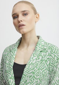 Green patterned blazer featuring a modern design with a shawl collar, made from a textured fabric. Worn over a black top.