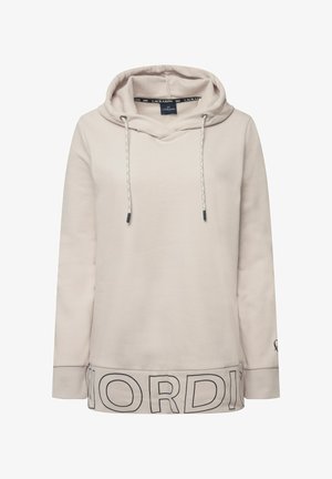 Lichtbeige hoodie van zacht stof, met een V-hals, trekkoorden met marineblauwe accenten en een geprinte "WORD" detail aan de zoom.