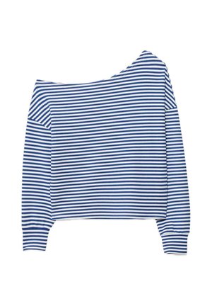 Maglia a maniche lunghe a righe orizzontali blu navy e bianche, con ampia scollatura a barca e polsini aderenti sulle maniche.