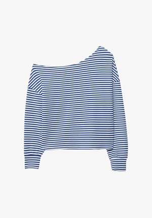 Maglia a maniche lunghe a righe orizzontali blu navy e bianche, con ampia scollatura a barca e polsini aderenti sulle maniche.