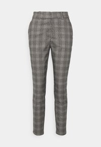 Gray plaid trousers with a tailored fit, featuring a smooth texture and subtle sheen. Design includes front pockets and a flat waistband.