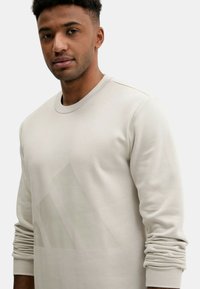 Felpa beige chiaro realizzata in tessuto morbido. Presenta un colletto a girocollo e un grande design del logo opaco sul davanti. Maniche aderenti e con polsino.