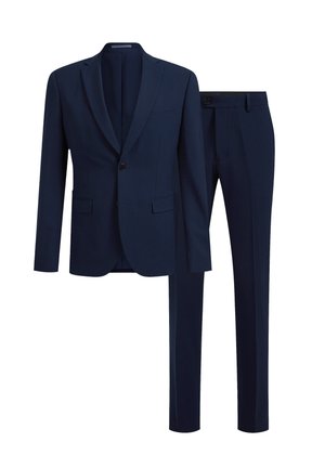 Navy suit set featuring a single-button blazer with notch lapels, front pockets, and flat-front trousers. Smooth fabric with a tailored fit.