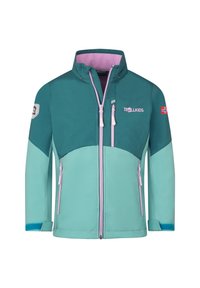 Giacca bicolore in turchese e menta con colletto alto, tasche con zip e dettagli viola. Presenta una toppa con logo sulla manica.